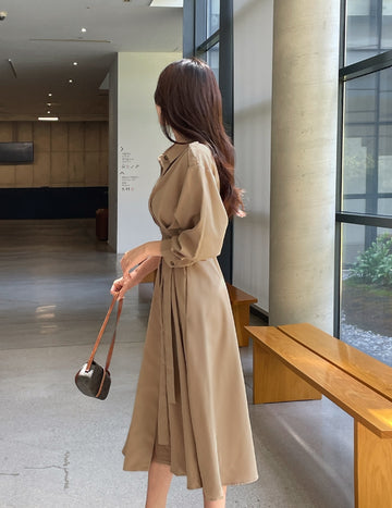 Chestnut Pintuck Collar Shirt Long One Piece (Strap Set)